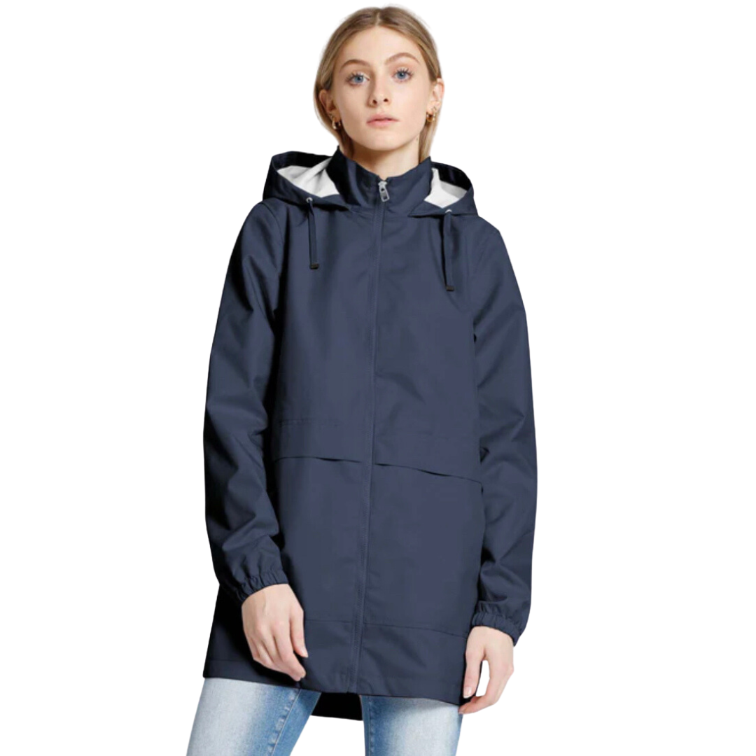 Jaboli Boutique - Fergus Ontario - Point Zero - Navy Hooded Raincoat.  Temperature Control, Colours Lotus (Lt. Pink), Navy Drawstring Hood Pockets, Water Repellant Breathable, Windproof