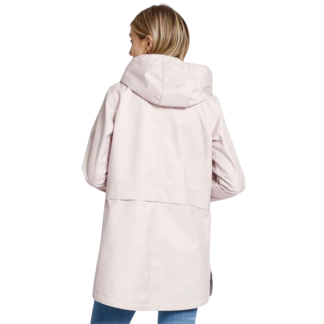 Jaboli Boutique - Fergus Ontario - Point Zero -Pink Hooded Raincoat. Temperature Control, Colours Lotus (Lt. Pink), Navy Drawstring Hood Pockets, Water Repellant Breathable, Windproof