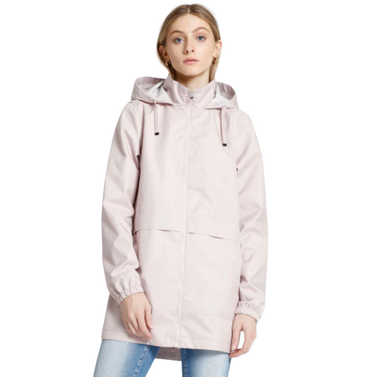 Jaboli Boutique - Fergus Ontario - Point Zero -Pink Hooded Raincoat. Temperature Control,   Colours Lotus (Lt. Pink), Navy  Drawstring Hood  Pockets,  Water Repellant  Breathable, Windproof