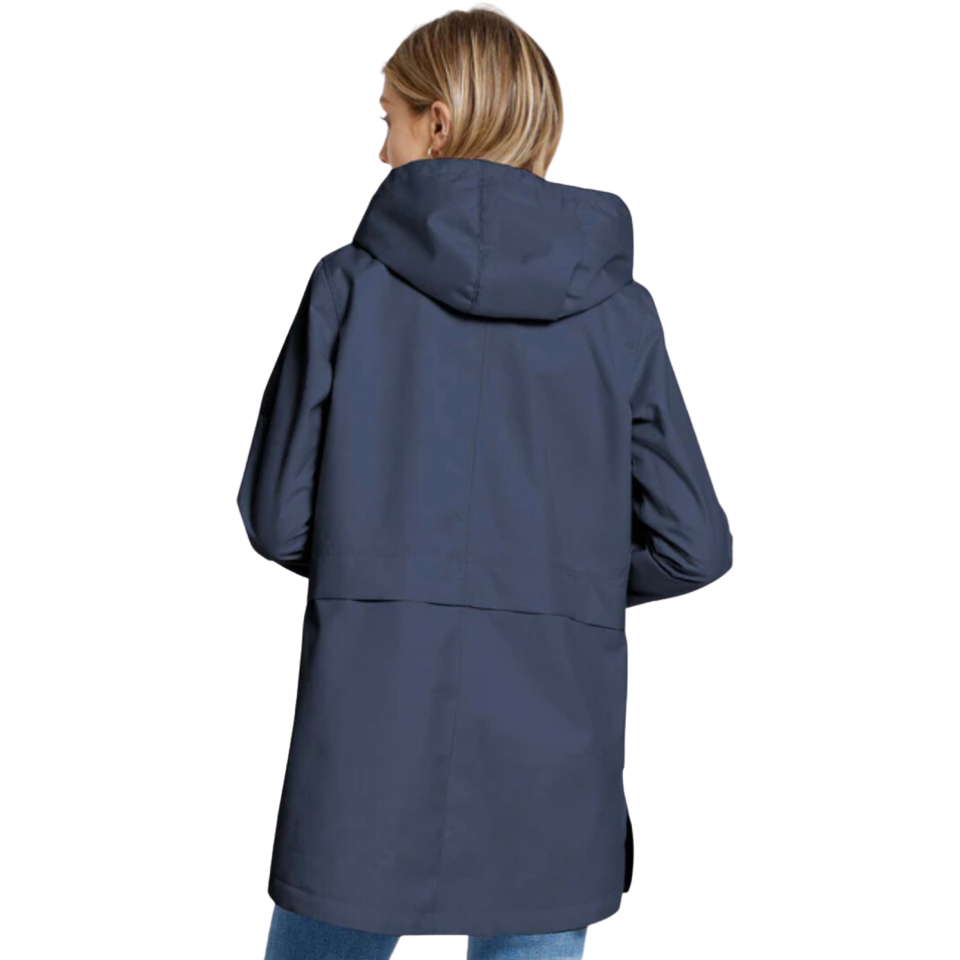 Jaboli Boutique - Fergus Ontario - Point Zero - Navy Hooded Raincoat. Temperature Control, Colours Lotus (Lt. Pink), Navy Drawstring Hood Pockets, Water Repellant Breathable, Windproof