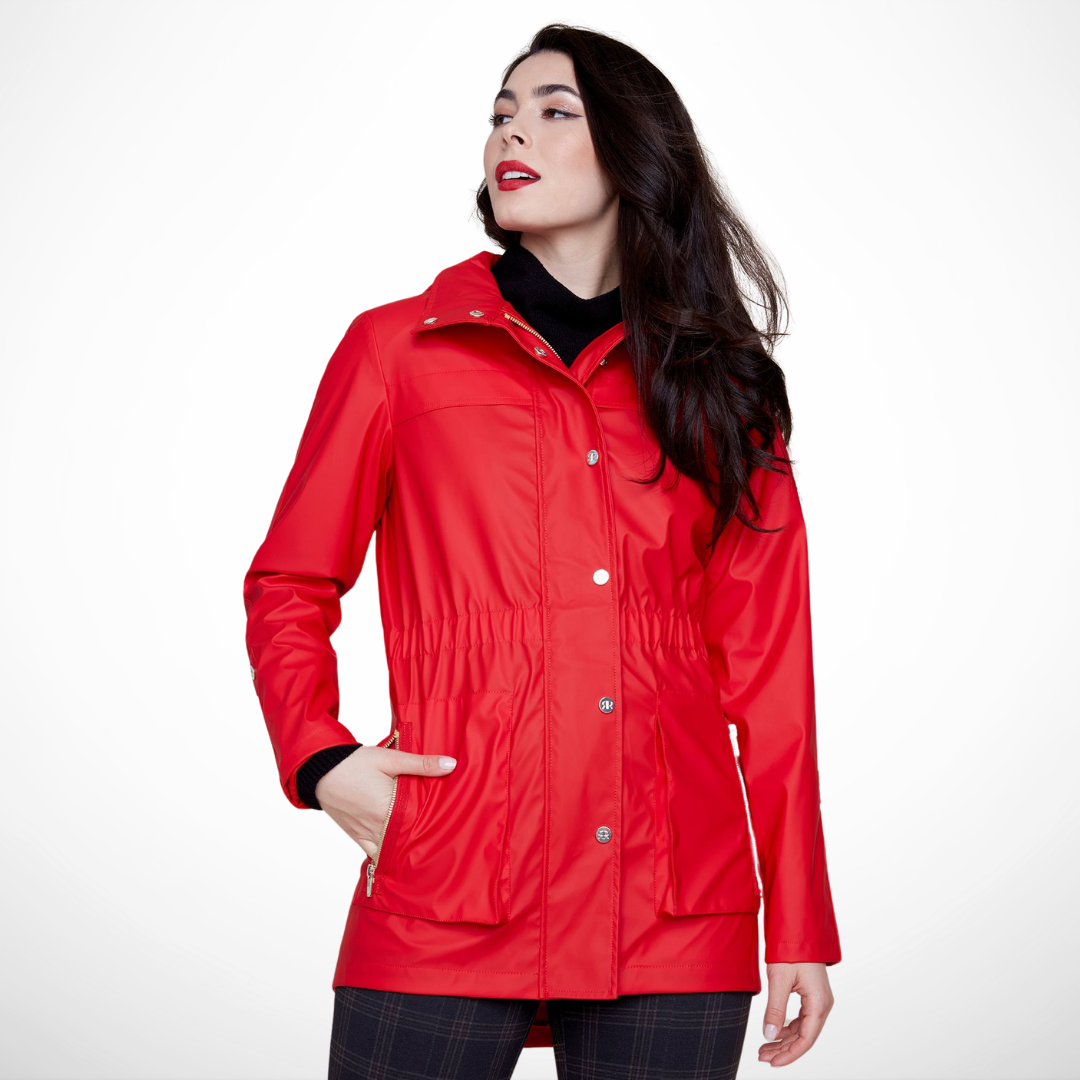 Jaboli Boutique - Fergus Ontario - Renuar - All Weather Coat - Colour Berry (True Red). Fashionable and functional waterproof raincoat
Ideal for walking the dog or running errands
Cinched waist detail for a flattering silhouette
Hidden hood in the collar for weather readiness
Available in crème, berry, and black
Long sleeves and convenient pockets
32-inch center back length
Made from a durable 50% PU and 50% polyester blend
Must-have addition to your outerwear collection
