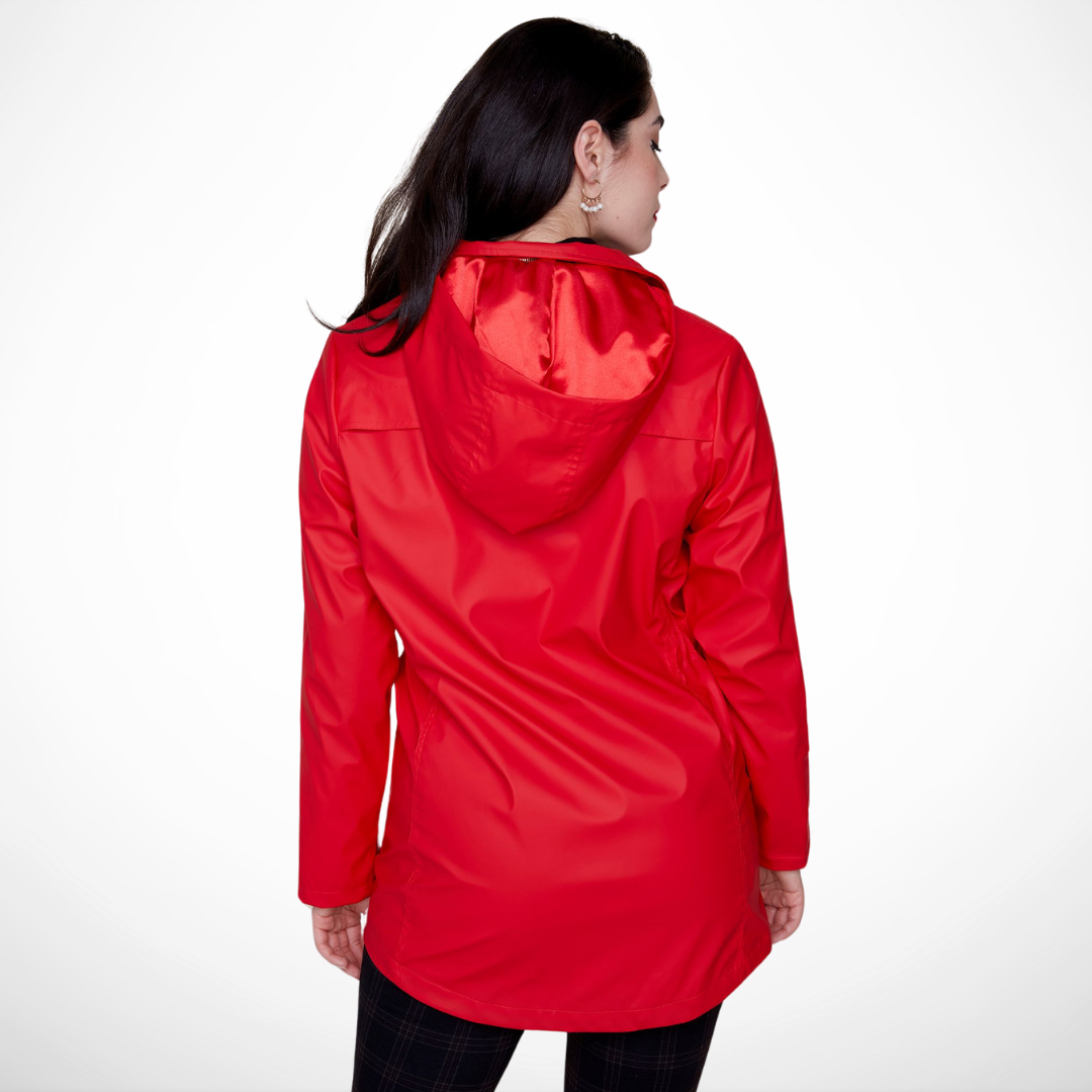 Jaboli Boutique - Fergus Ontario - Renuar - All Weather Coat - Colour Berry (True Red). Fashionable and functional waterproof raincoat
Ideal for walking the dog or running errands
Cinched waist detail for a flattering silhouette
Hidden hood in the collar for weather readiness
Available in crème, berry, and black
Long sleeves and convenient pockets
32-inch center back length
Made from a durable 50% PU and 50% polyester blend
Must-have addition to your outerwear collection
