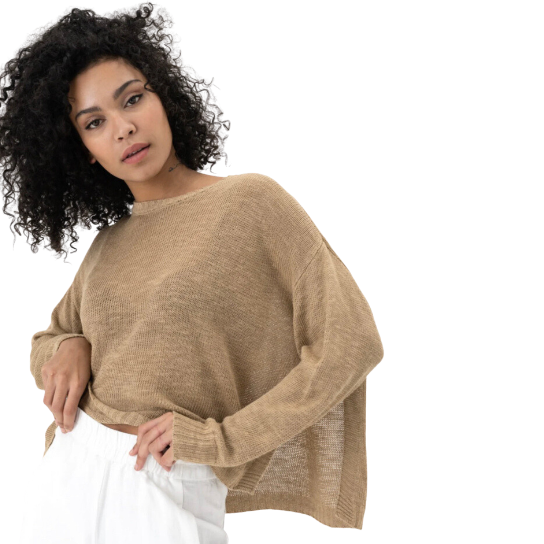 Jaboli Boutique Fergus Ontario - Linen  Blend, Sweater /Poncho Hybrid, Colour Tan .  Crew Neck,   Relaxed Fit  Summer Weight  Linen Blend  Hip Length  Side Slits .