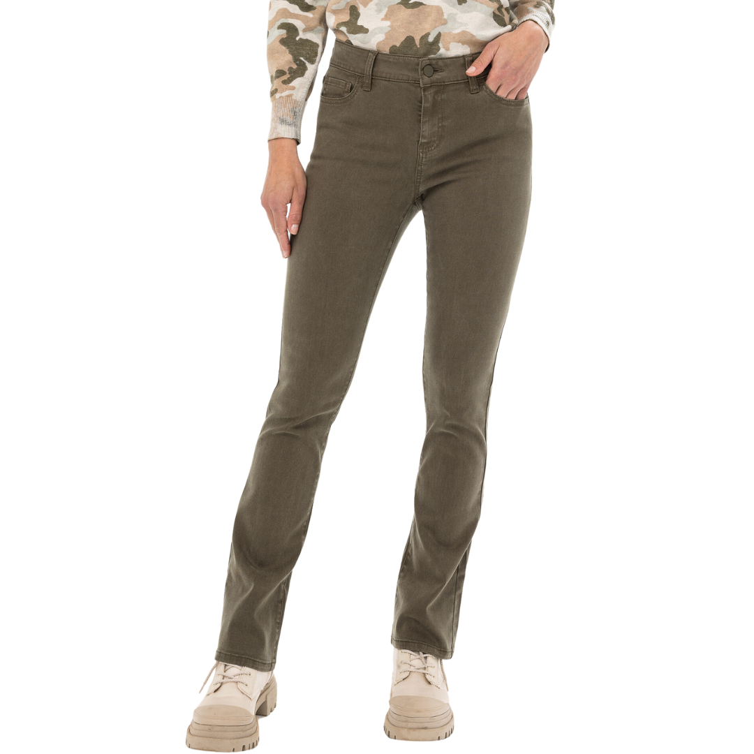 Jaboli Boutique - Fergus Ontario - Renuar - Military Green Jeans. Hi Rise Super Soft, Straight Leg Denim Jeans. In the it colour of the season.  Colour - Military Green,  5 Pocket,  Leg Opening 15 Inches,  Boot Cut,  Fly Front.