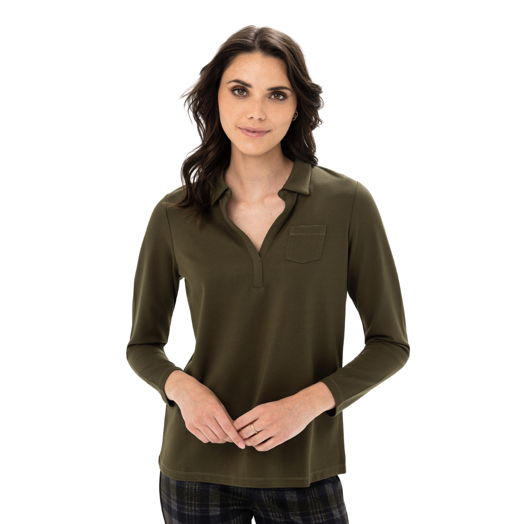 Jaboli Boutique - Renuar- Effortless - Top - Military Green. Shirt Collar with Front Placket,  Colour - Military Green,  Medium Weight Knit Jersey,   Long Sleeves,  Hip Length.