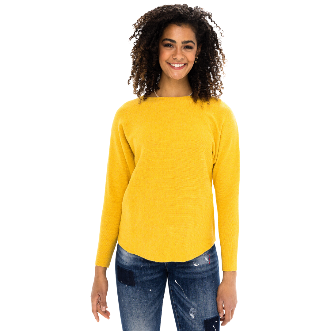    Jaboli Boutique-Fergus Ontario-Renuar "Goldie" Cozy Knit PulloverA Beautiful Crew neck sweater that radiates happiness...the perfect pick me up sweater for your fall winter wardrobe.  Crew Neck,  Colour - Golden,  Long Sleeves,  Relaxed Fit.