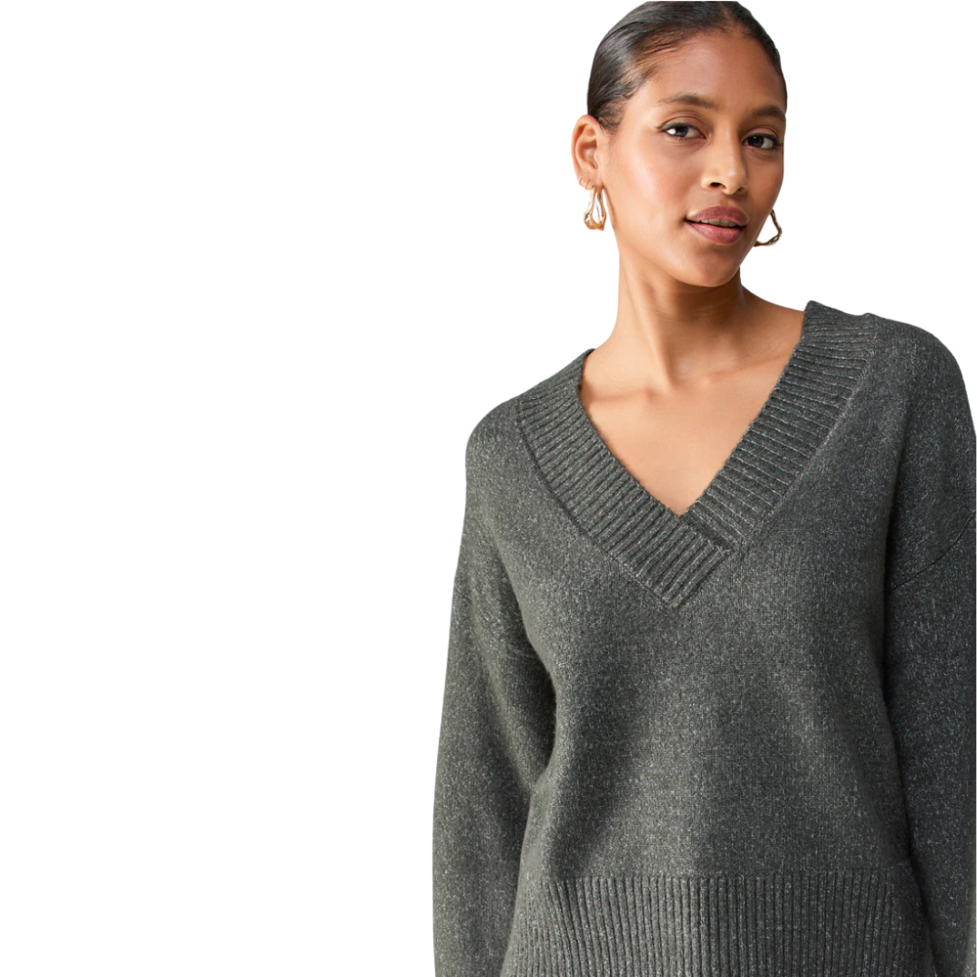 Jaboli Boutique - Fergus Ontario - Sanctuary Mineral(green/grey) Colour, Sanctuary Fav sweater: Timeless and seasonless wardrobe staple Prioritizes style, comfort, and functionality Notably sustainable, in line with Sanctuary's commitment Versatile V-neck design with ribbing at neckline and hem Pullover style for effortless comfort and a relaxed fit