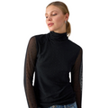 Jaboli Boutique- Fergus Ontario- Sanctuary - Sanctuary Highlight Top: Effortlessly transitions from office to evening events Classic black mock neck with sheer mesh and black rhinestones for glamour Fully lined body for comfort and modesty Long sleeves for a polished and sophisticated look Fitted silhouette achieves a perfect balance of style and elegance Versatile and chic choice for various occasions