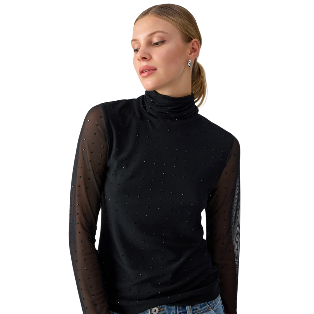 Jaboli Boutique- Fergus Ontario- Sanctuary - Sanctuary Highlight Top: Effortlessly transitions from office to evening events Classic black mock neck with sheer mesh and black rhinestones for glamour Fully lined body for comfort and modesty Long sleeves for a polished and sophisticated look Fitted silhouette achieves a perfect balance of style and elegance Versatile and chic choice for various occasions