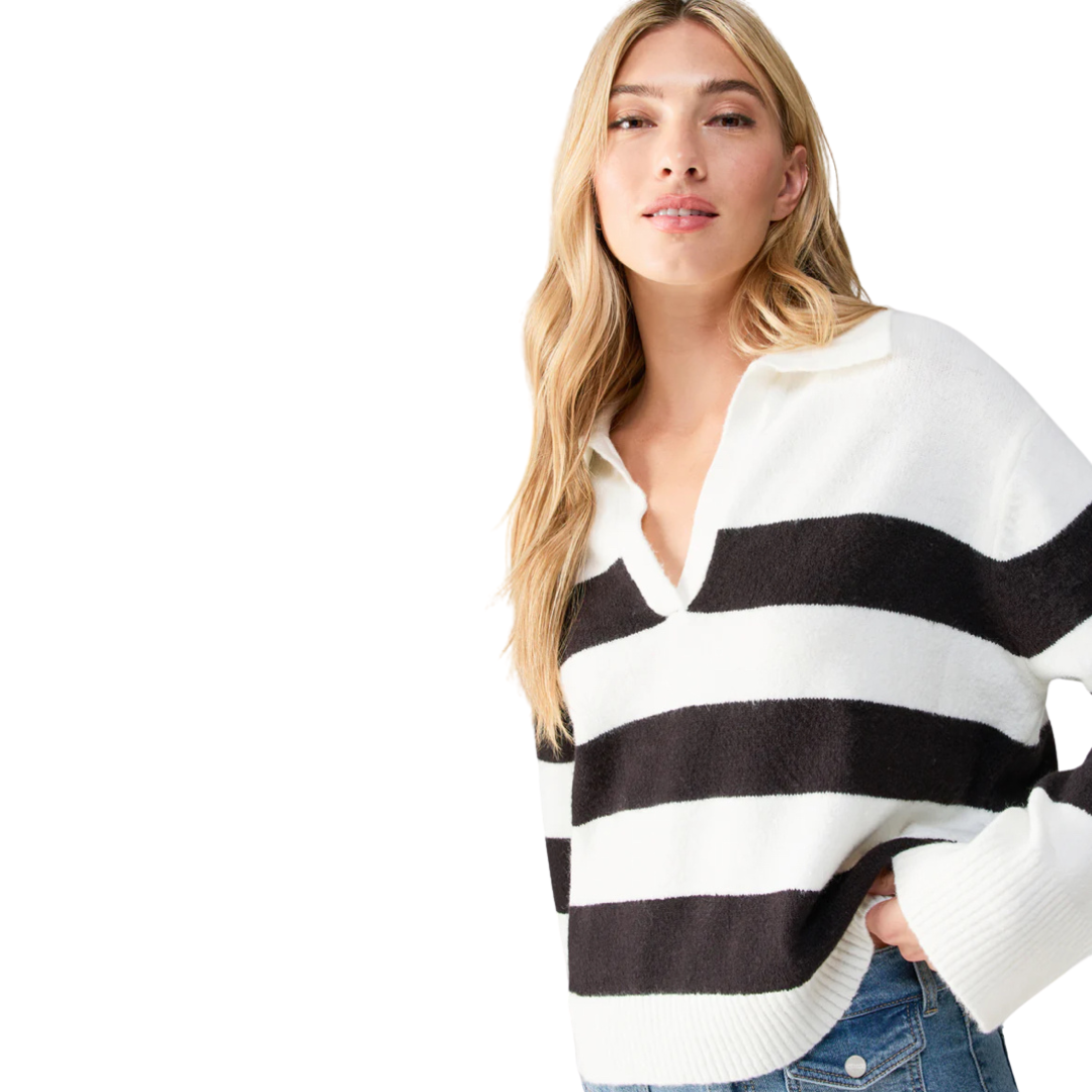 Jaboli Boutique - Fergus ontario - Sanctuary -Johnny Collared Sweater. White and Black Stripe. Off White V-Neck Collared Sweater Classic style with contemporary flair Standard to slightly cropped length for a modern twist Wide black stripes for bold contrast Long sleeves with ribbed cuffs and hem for texture and comfort Pull-over style with a relaxed fit Versatile piece for casual or dressed-up looks Effortlessly transitions from day to night Perfect blend of comfort and chic design