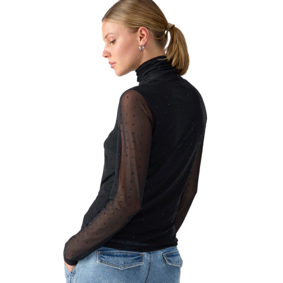 Jaboli Boutique- Fergus Ontario- Sanctuary - Sanctuary Highlight Top: Effortlessly transitions from office to evening events Classic black mock neck with sheer mesh and black rhinestones for glamour Fully lined body for comfort and modesty Long sleeves for a polished and sophisticated look Fitted silhouette achieves a perfect balance of style and elegance Versatile and chic choice for various occasions