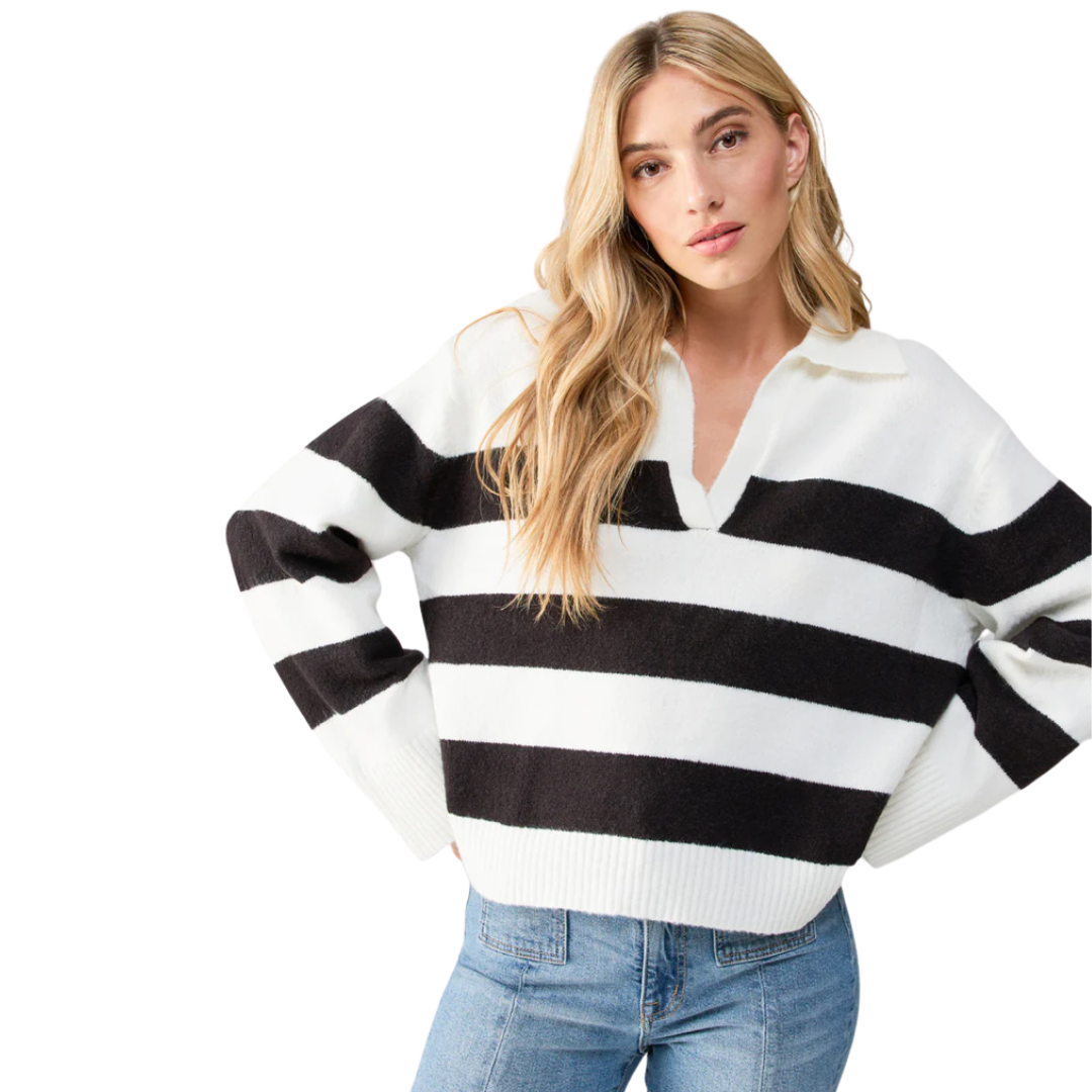 Jaboli Boutique - Fergus ontario - Sanctuary -Johnny Collared Sweater. White and Black Stripe. Off White V-Neck Collared Sweater Classic style with contemporary flair Standard to slightly cropped length for a modern twist Wide black stripes for bold contrast Long sleeves with ribbed cuffs and hem for texture and comfort Pull-over style with a relaxed fit Versatile piece for casual or dressed-up looks Effortlessly transitions from day to night Perfect blend of comfort and chic design