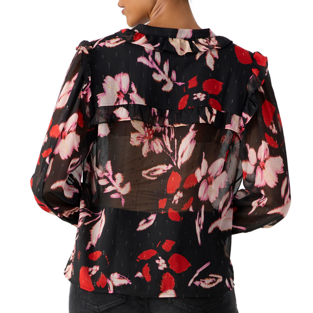 Jaboli Boutique - Fergus Ontario - Sanctuary - Winter Wish Blouse. Winter Wish Blouse: Perfect for your holiday style. Adorned with a stunning poinsettia print for a festive touch of color. Features a charming ruffle collar in a classic Black with Pink and Red Print. Button-front design for a classic and practical element. Long sleeves with ruched cuffs add sophistication to the look. Ideal for holiday parties and special occasions.
