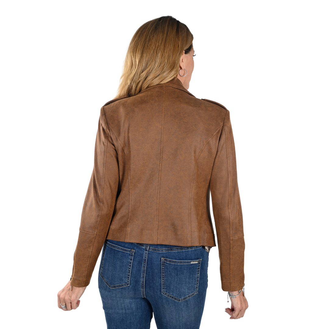 Jaboli Boutique - Fergus Ontario - Frank Lyman Whiskey MOTO Jacket. Introducing the Whiskey Melange Waist Length Moto Jacket! Crafted from faux leather, it features a luxurious blend of gold and brown. Gold accents and a notched collar make this piece both stylish and modern. Wear it to any occasion to stand out and show confidence. Make a statement wherever you go with this stunning jacket.