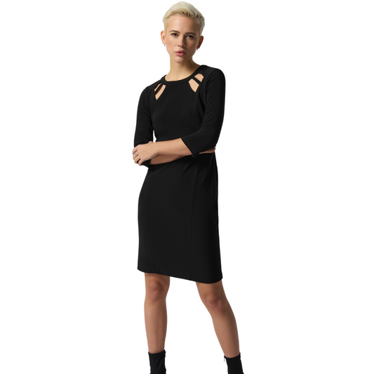 Jaboli Boutique - Fergus Ontario - Joseph Ribkoff - Peek a boo neckline dress. Black, it exudes classic charm, perfect for pairing with your favorite jackets and jewelry. Features a fitted silhouette, 3/4 sleeves, and a convenient zip-back closure, combining style and comfort. Proudly made in Canada, this dress boasts a unique semi-recessed neckline, adding a touch of originality to the classic LBD. With a short cut that falls just above the knee