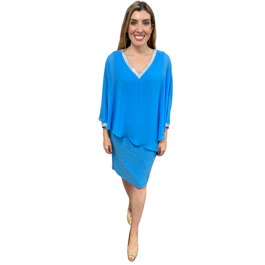  Jaboli Boutique - Fergus Ontario - Frank Lyman French Blue Dress. Chiffon Over Sparkly Jersey Vee Neck and Sleeve Trimmed in Rhinestones Knee Length Great Mother/Grandmother of the bride dress flowy chiffon covers the tummy allowing you to eat, drink and dance the night away.