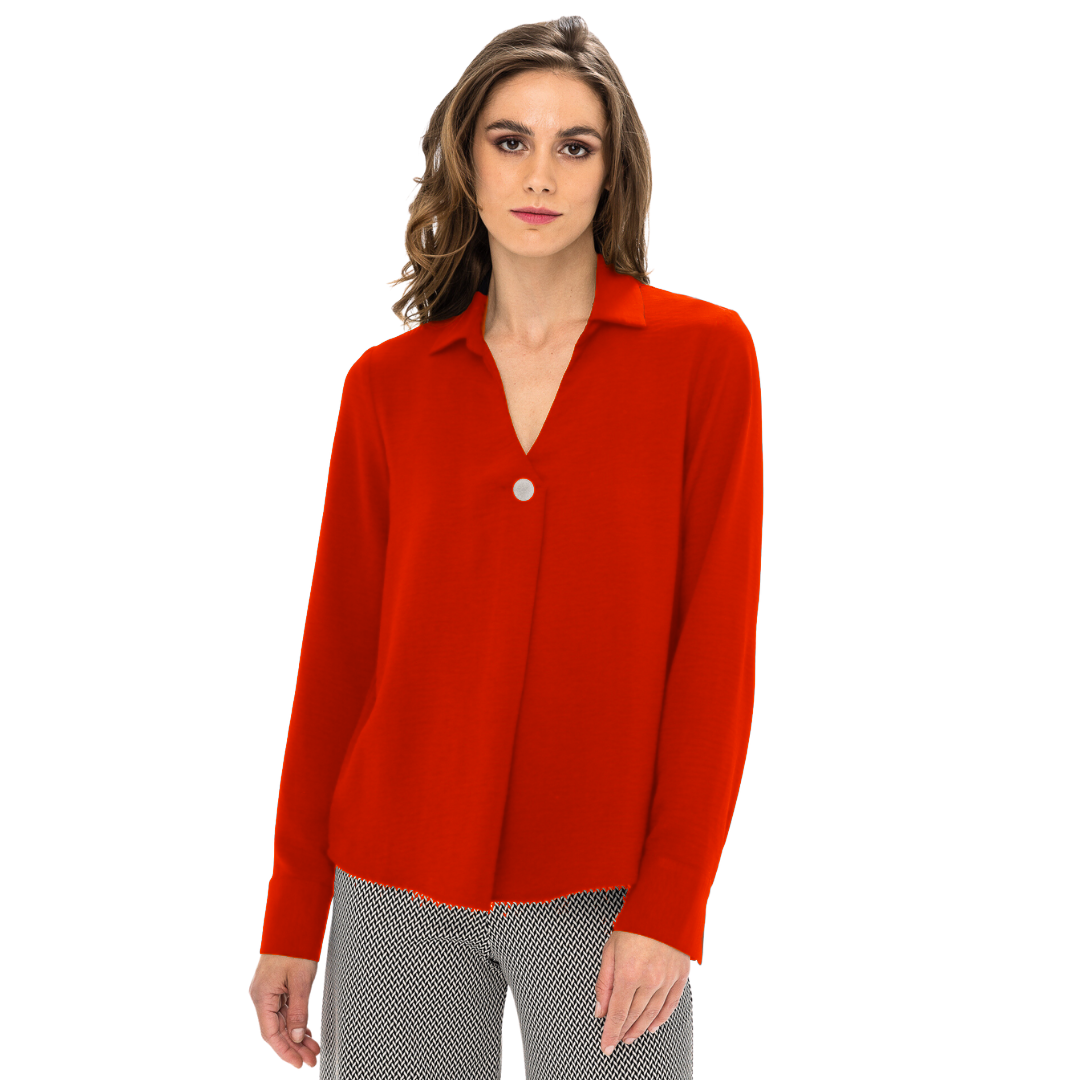Jaboli Boutique - Fergus Ontario - Renuar - On Demand - Ferrari Red  Blouse. This Blouse is called the on demand blouse for a reason! Its One of our most popular styles. It Boasts a soft Stretch Woven Air Flow Fabric Colours - Creme, Ferrari (Red), Black Collar Relaxed Fit Front Button Accent with Pleat Sculpted Hemline Wear Tucked or Untucked Great Layering Piece!