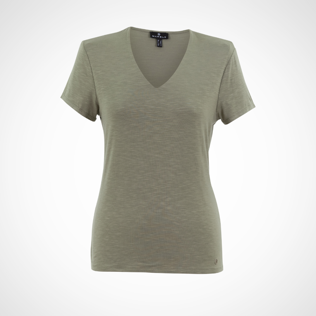 Jaboli Boutique - Fergus Ontario Marble Tee - Khaki. The Marble Essential V Tee Shirt is a must-have in any wardrobe. This Essential Vee Neck Tee comes in Red, Khaki, and Turquoise colors, offering versatility for various styles. Made from a blend of Viscose and Spandex, it provides a comfortable and stretchy fit. The Double Layer Front adds an extra touch of elegance to the design, while the Fitted cut ensures a flattering silhouette.