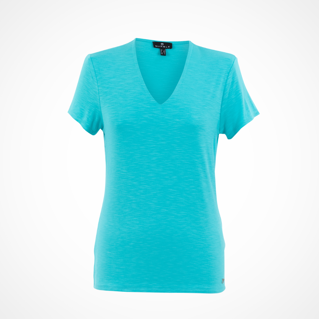 Jaboli Boutique - Fergus Ontario Marble Tee - Turquoise.  The Marble Essential V Tee Shirt is a must-have in any wardrobe. This Essential Vee Neck Tee comes in Red, Khaki, and Turquoise colors, offering versatility for various styles. Made from a blend of Viscose and Spandex, it provides a comfortable and stretchy fit. The Double Layer Front adds an extra touch of elegance to the design, while the Fitted cut ensures a flattering silhouette.