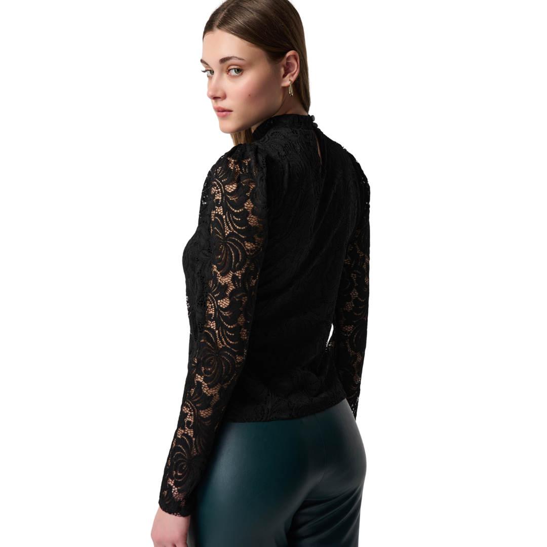 Jaboli Boutique - Fergus Ontario - Joseph Ribkoff - Black Lace Blouse. Black Lace Dressy Blouse with Lined Body, Colour - Black Long Unlined Sleeves High Neckline Two Button Back Pair with your Favourite Black Palazzo Pants for a Formal Attire Outfit! Or With Your Fav Jeans For A More Casual Night On the Town Look Proudly Made In Canada!