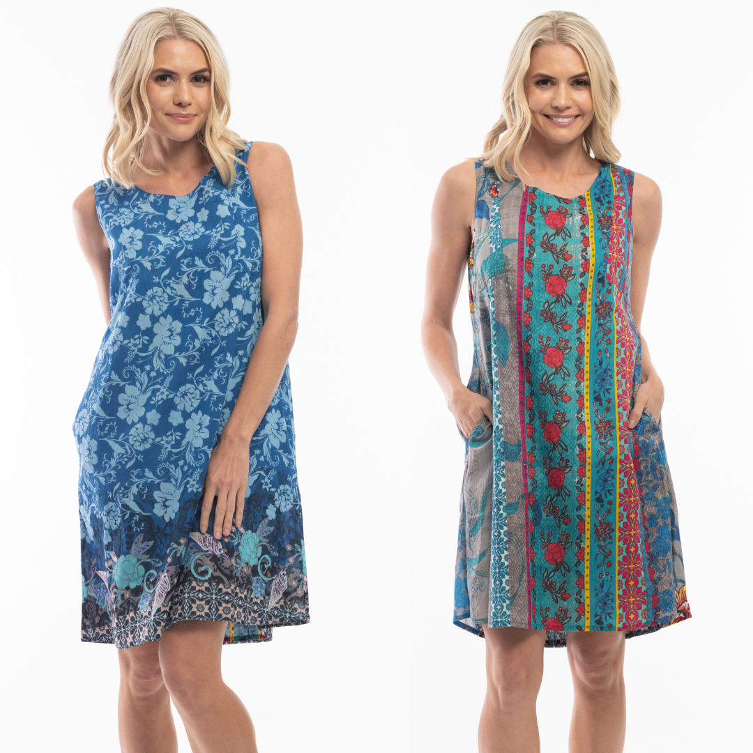 Jaboli Boutique - Fergus Ontario - Orientique - Reversible Sundress. Two Dresses in One, Great Travel Piece! Sleeveless Organic Cotton Sundress Colour                2. Blue Pattern With Border Print, Reverses to Teal/Red Floral Relaxed Fit Pockets Below the Knee Length