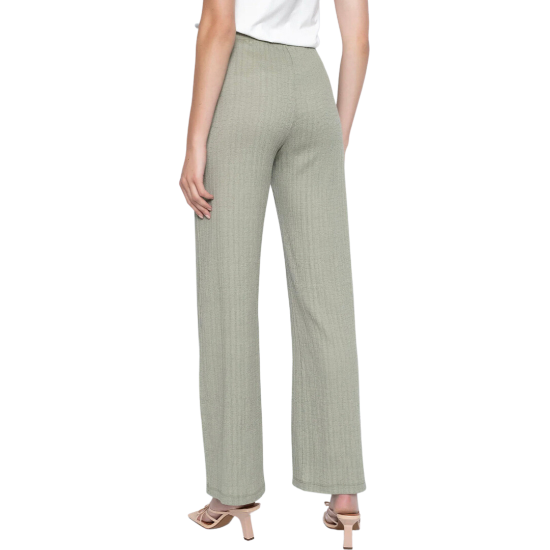 Jaboli Boutique - Fergus Ontario - Picadilly - Cotton Knit Pants - Sage Green. Wide Leg. Picadilly's Cotton Knit Pants are crafted from a superior blend of cotton and designed in a timeless silhouette. The high-rise waist and ribbed fabric offers a slim, flattering fit, available in black and sage green. Perfectly tailored for a stylish look, these pants can be worn with a coordinating top or blazer for ultimate sophistication. Proudly made in Canada.