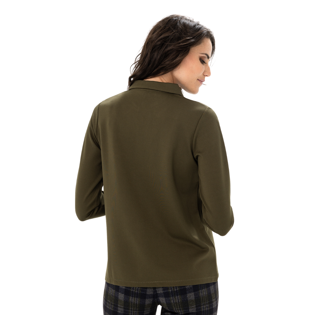 Jaboli Boutique - Renuar- Effortless - Top - Military Green. Shirt Collar with Front Placket, Colour - Military Green, Medium Weight Knit Jersey, Long Sleeves, Hip Length.
