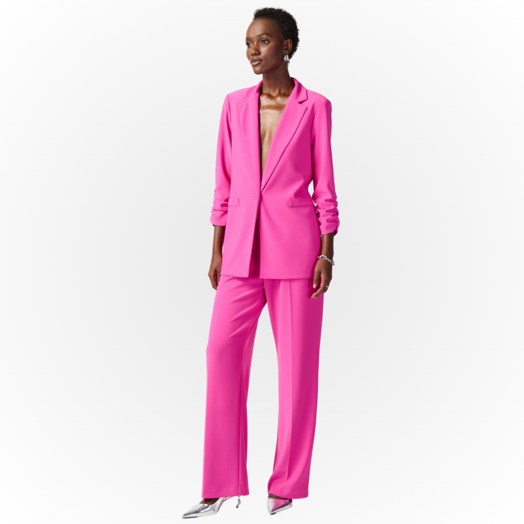 Jaboli Boutique - Fergus Ontario Joseph Ribkoff One Button BlazerTuxedo Collar 241031, Available in two Colours - Ultra Pink, French Blue, Single Button Closure, Hip Length, Ruched 3/4 Sleeve with side ruching, Proudly Made In Canada! Pair with denim for a more casual look.