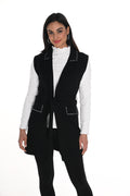 Jaboli Boutique-Fergus Ontario-Frank Lyman Long Vest-244652U
 with tuxedo collar and rhinestone accents
Classic black, knee-length design for versatile styling
Perfect for layering: transitions effortlessly from day to night
High-quality knit fabric blend: 50% rayon, 28% polyester, 22% nylon for comfort and durability
Elegant and fashion-forward: ideal for adding sophistication and glamour to any wardrobe