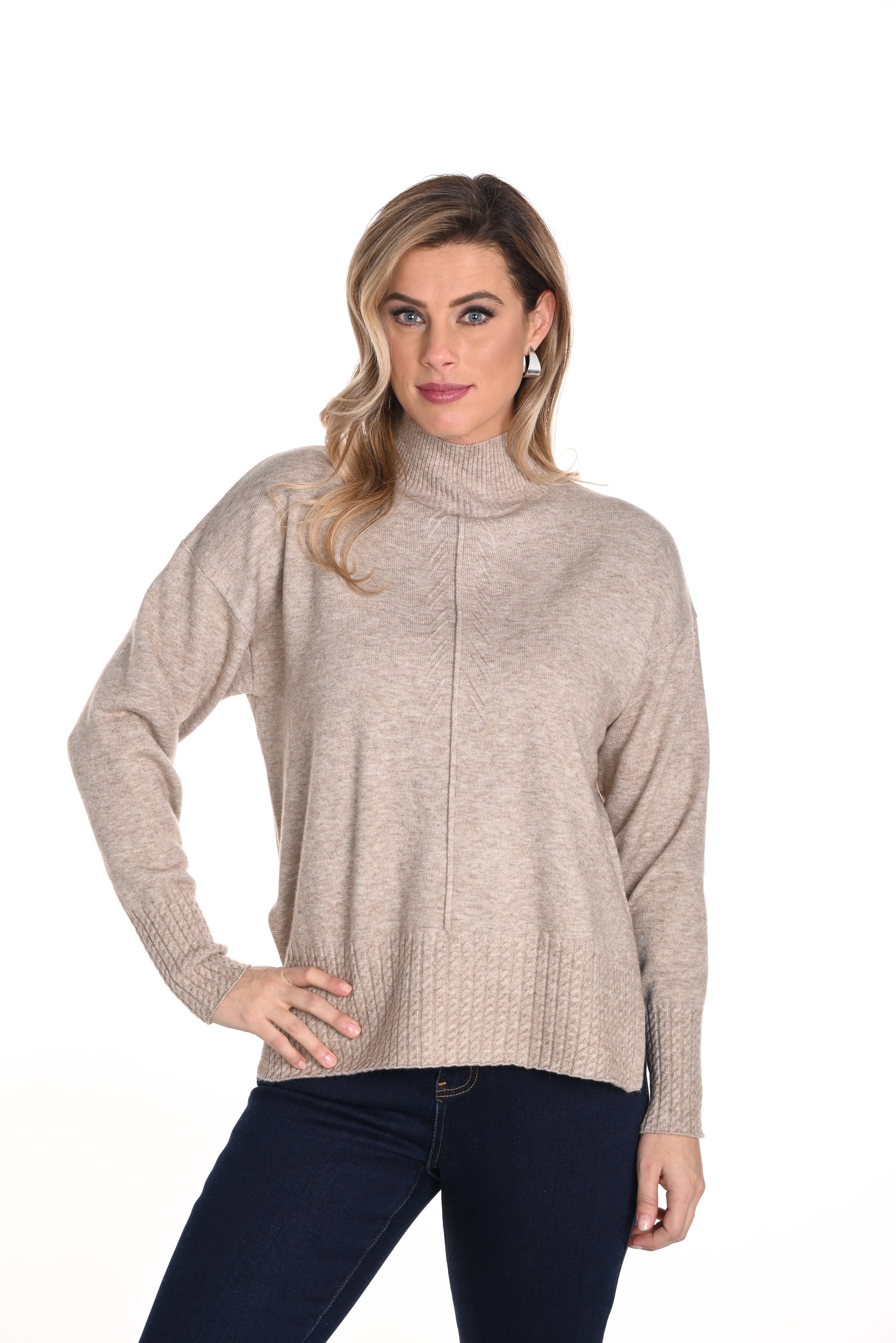 Jaboli_Boutique-Fergus_Ontario-Frank_Lyman_Mock_Neck_Sweater-243408U
Brand: Frank Lyman
Style: Sweater 243408U
Colour: Taupe
Neckline: Chic mock neck
Details: Cable knit trim
Fabric: 75% acrylic, 22% nylon, 3% elastane
Texture: Super soft for comfort
Fit: Versatile for casual or dressed-up looks
Design: Made in Canada
Season: Perfect for fall wardrobe
Top Seller: A must-have piece for stylish fall fashion