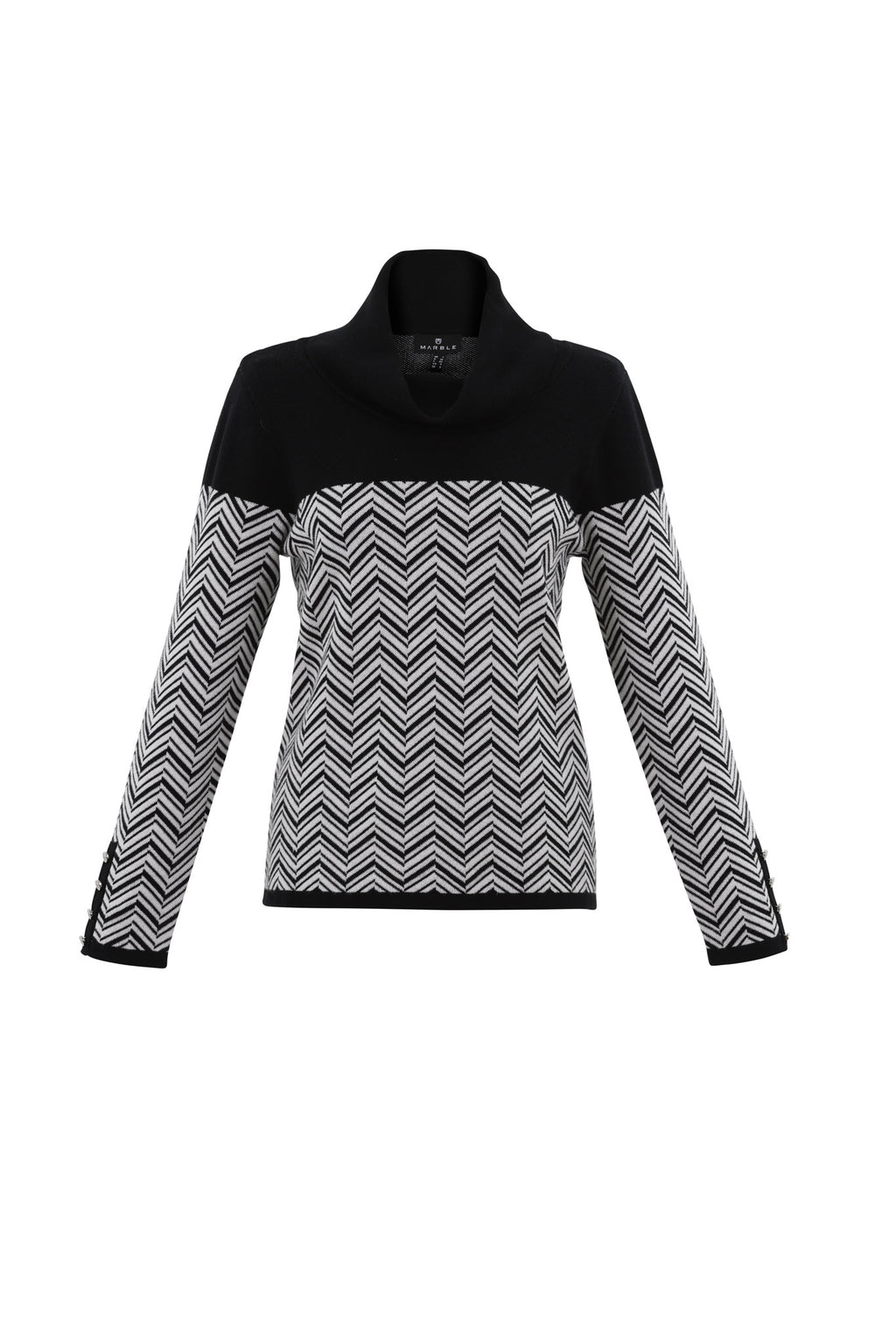 Jaboli Boutique - Fergus Ontario-Marble Chevron Sweater Style Number 7560 Colour Black & White 
Cotton-rich Chevron Print Sweater
Available in Black/White and Orchid/Black
68% cotton, 32% polyamide for a super soft, durable feel
Relaxed cowl neck for comfort
Classic fit offers a flattering silhouette
Bold two-color chevron knit pattern on body and sleeves
Solid color neck and shoulder panels for contrast
Versatile and chic addition to any wardrobe