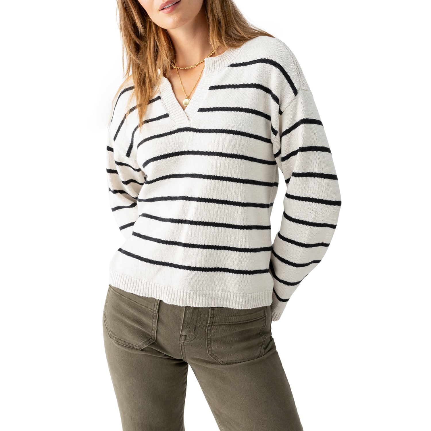 Jaboli Boutique-Fergus Ontario-Sanctuary-Chill Vibes Sweater-CW1319

Stylish and comfortable, perfect for casual wear
Made from 100% breathable cotton
Lightweight with a chalk (white) background and narrow black stripes
Notched collar detail for a unique touch
Drop shoulder design for a relaxed fit
Long sleeves and pullover style
Ribbed cuffs and waist-length hem
Great for layering or wearing on its own
Ideal for cozy, laid-back days