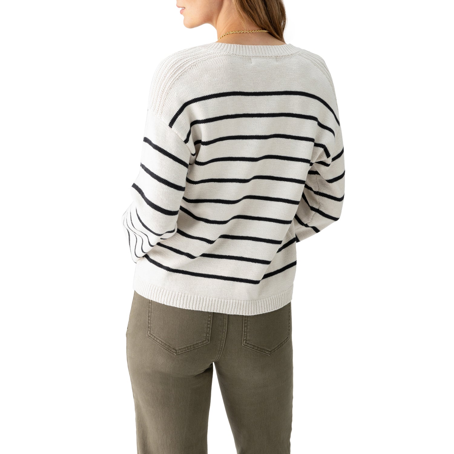 Jaboli Boutique-Fergus Ontario-Sanctuary-Chill Vibes Sweater-CW1319

Stylish and comfortable, perfect for casual wear
Made from 100% breathable cotton
Lightweight with a chalk (white) background and narrow black stripes
Notched collar detail for a unique touch
Drop shoulder design for a relaxed fit
Long sleeves and pullover style
Ribbed cuffs and waist-length hem
Great for layering or wearing on its own
Ideal for cozy, laid-back days