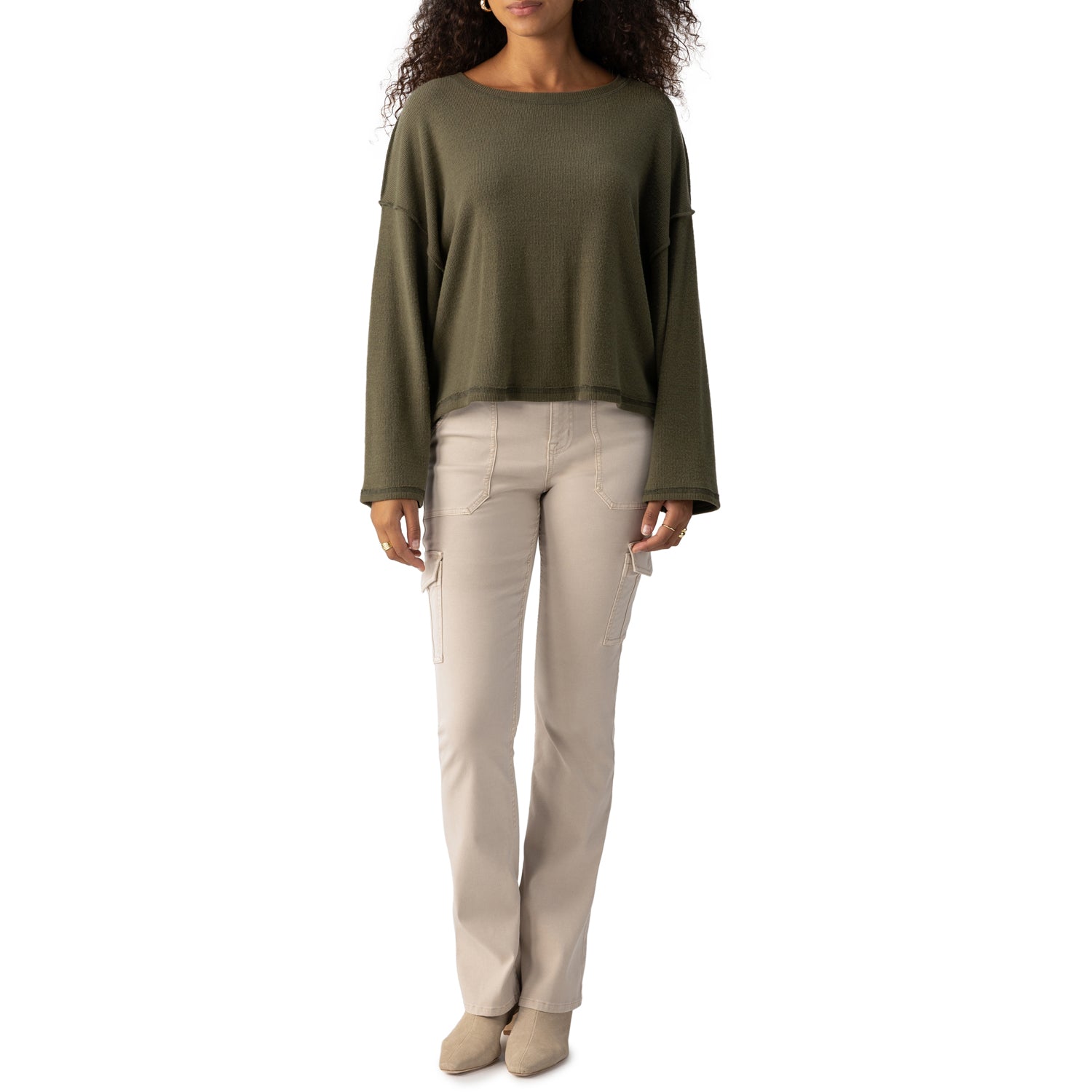 Jaboli Boutique-Fergus Ontario-The Sanctuary Change of Scenery Sweater 
Colour: Army Olive Green
Soft, brushed fuzzy knit
83% polyester, 15% rayon, 2% spandex
Waist-length for a relaxed fit
Crew neck design
Dropped shoulder wide sleeves
Button-front closure
Exposed stitching detail for added texture
Perfect for casual wear