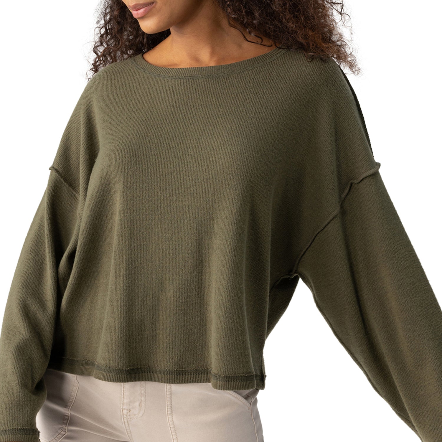 Jaboli Boutique-Fergus Ontario-The Sanctuary Change of Scenery Sweater 
Colour: Army Olive Green
Soft, brushed fuzzy knit
83% polyester, 15% rayon, 2% spandex
Waist-length for a relaxed fit
Crew neck design
Dropped shoulder wide sleeves
Button-front closure
Exposed stitching detail for added texture
Perfect for casual wear