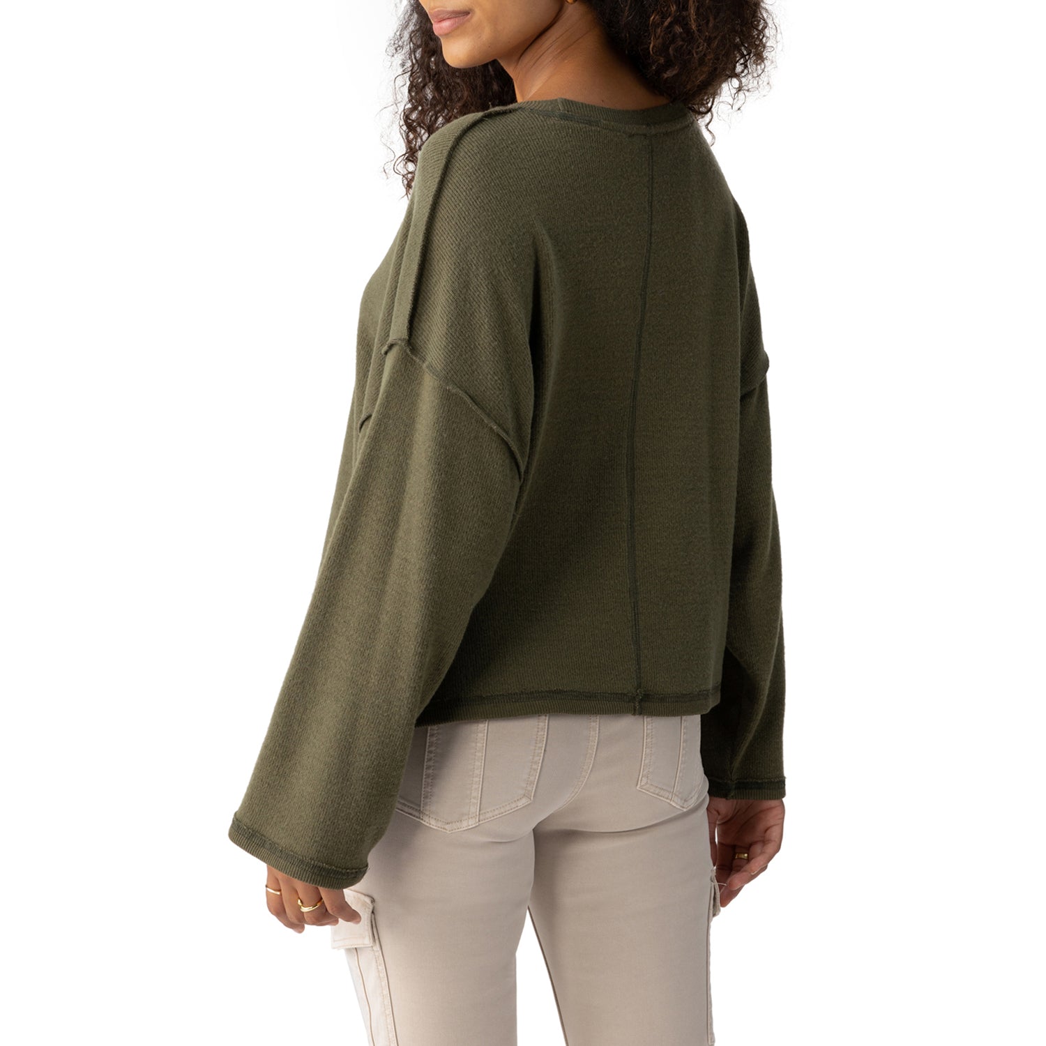 Jaboli Boutique-Fergus Ontario-The Sanctuary Change of Scenery Sweater 
Colour: Army Olive Green
Soft, brushed fuzzy knit
83% polyester, 15% rayon, 2% spandex
Waist-length for a relaxed fit
Crew neck design
Dropped shoulder wide sleeves
Button-front closure
Exposed stitching detail for added texture
Perfect for casual wear