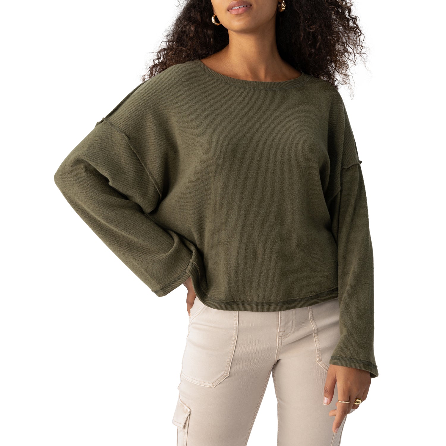 Jaboli Boutique-Fergus Ontario-The Sanctuary Change of Scenery Sweater 
Colour: Army Olive Green
Soft, brushed fuzzy knit
83% polyester, 15% rayon, 2% spandex
Waist-length for a relaxed fit
Crew neck design
Dropped shoulder wide sleeves
Button-front closure
Exposed stitching detail for added texture
Perfect for casual wear