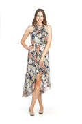 Jaboli Boutique-Fergus Ontario- Papillion-Hi-Lo Halter Dress

Halter Neckline

Colour - Navy Base w Rose Pink Floral Print

Fitted Bodice

Full Skirt with High Low Hemline Detail