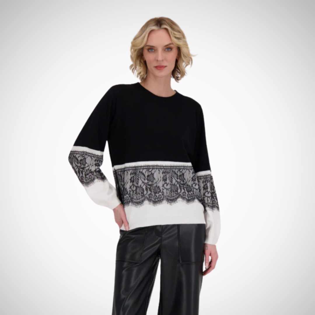 Jaboli Boutique- Fergus Ontario-Gabby Isabella Lace Panel Sweater
Chic contrast lace panel design
Soft, finely knit texture
Classic crew neck
Black color with white panel and black lace details on body and sleeves
Hip-length for a versatile, flattering fit
Composition: 50% viscose, 27% polyester, 23% nylon for softness and comfort