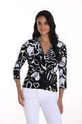 Jaboli_Boutique-Fergus Ontario-Frank Lyman V-neck wrap pullover with flared 3/4 sleeves, a belted design, and hip-length fit. Features floral and abstract patterns, crafted from 95% polyester and 5% elastane for stretch and durability. Chic, casual, and perfect for workdays or evenings out, with a sleek, pocket-free, and zipper-free design.