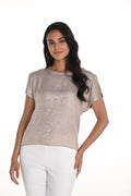 

Jaboli Boutique - Fergus Ontario-Frank Lyman Metallic Short-Sleeve Blouse-256399 – A Sophisticated Statement Piece

This Frank Lyman metallic short-sleeve blouse exudes elegance with its shimmering finish in Blue/Silver or Beige/Gold. Designed with a classic crew neckline and a relaxed hip-length fit, it offers a polished yet comfortable silhouette. Proudly made in Canada, this blouse is perfect for weddings, gala events, or any special occasion. Pair it with tailored trousers 