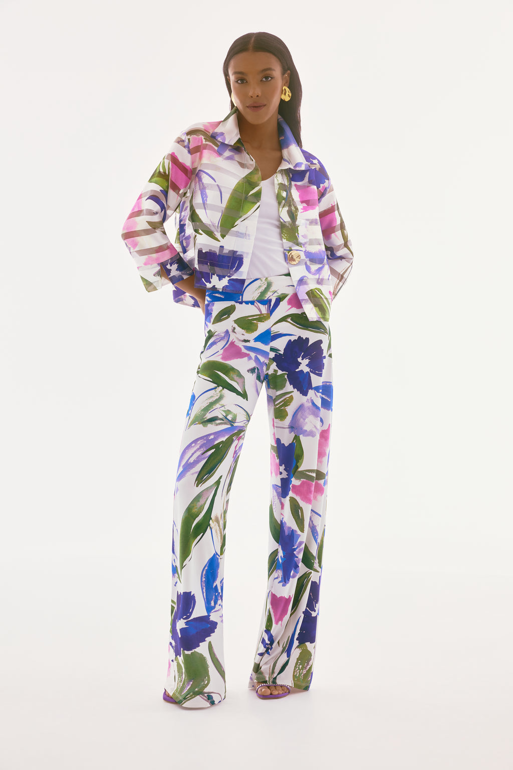 Jaboli Boutique - Fergus Ontario-Joseph Ribkoff single-breasted collared Jacket featuring a colourful floral-abstract print, three-quarter straight sleeves, and a waist-length design. Made from 100% polyester with a button closure, regular fit, and unlined finish. Perfect for casual and semi-formal occasions.