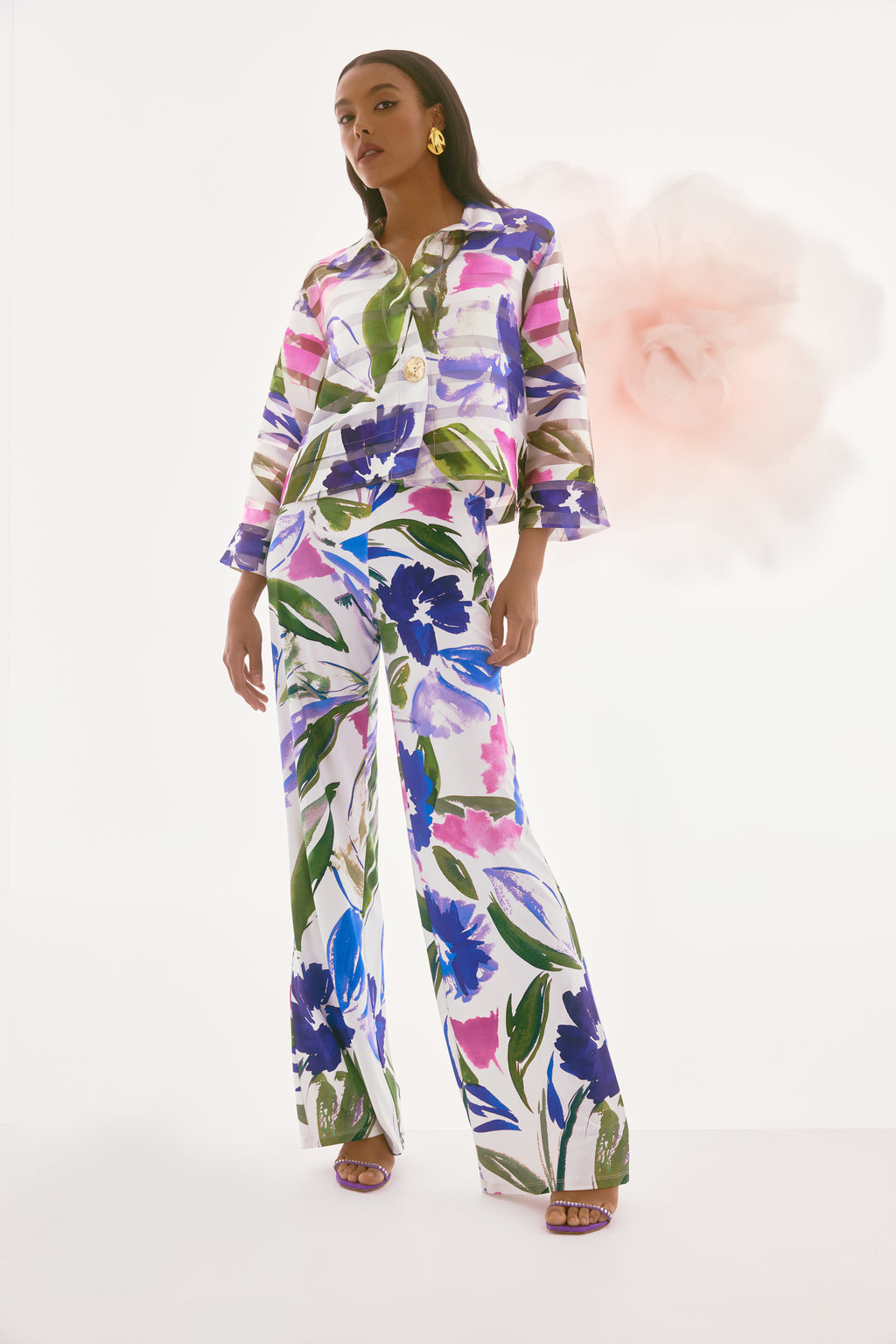 Jaboli Boutique - Fergus Ontario-Joseph Ribkoff single-breasted collared Jacket featuring a colourful floral-abstract print, three-quarter straight sleeves, and a waist-length design. Made from 100% polyester with a button closure, regular fit, and unlined finish. Perfect for casual and semi-formal occasions.