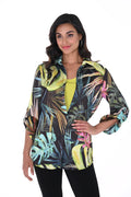 Jaboli Boutique - Fergus Ontario- Frank Lyman-Tropical Blouse 246469.A vibrant tropical blouse designed for summer getaways, featuring a lively fuchsia, teal, lime, and jade print on a black base. This versatile blouse, made in Canada, can be worn buttoned as a top or styled as a jacket, offering both style and practicality. Pair it with matching wide-leg pants for a coordinated and chic vacation capsule wardrobe.