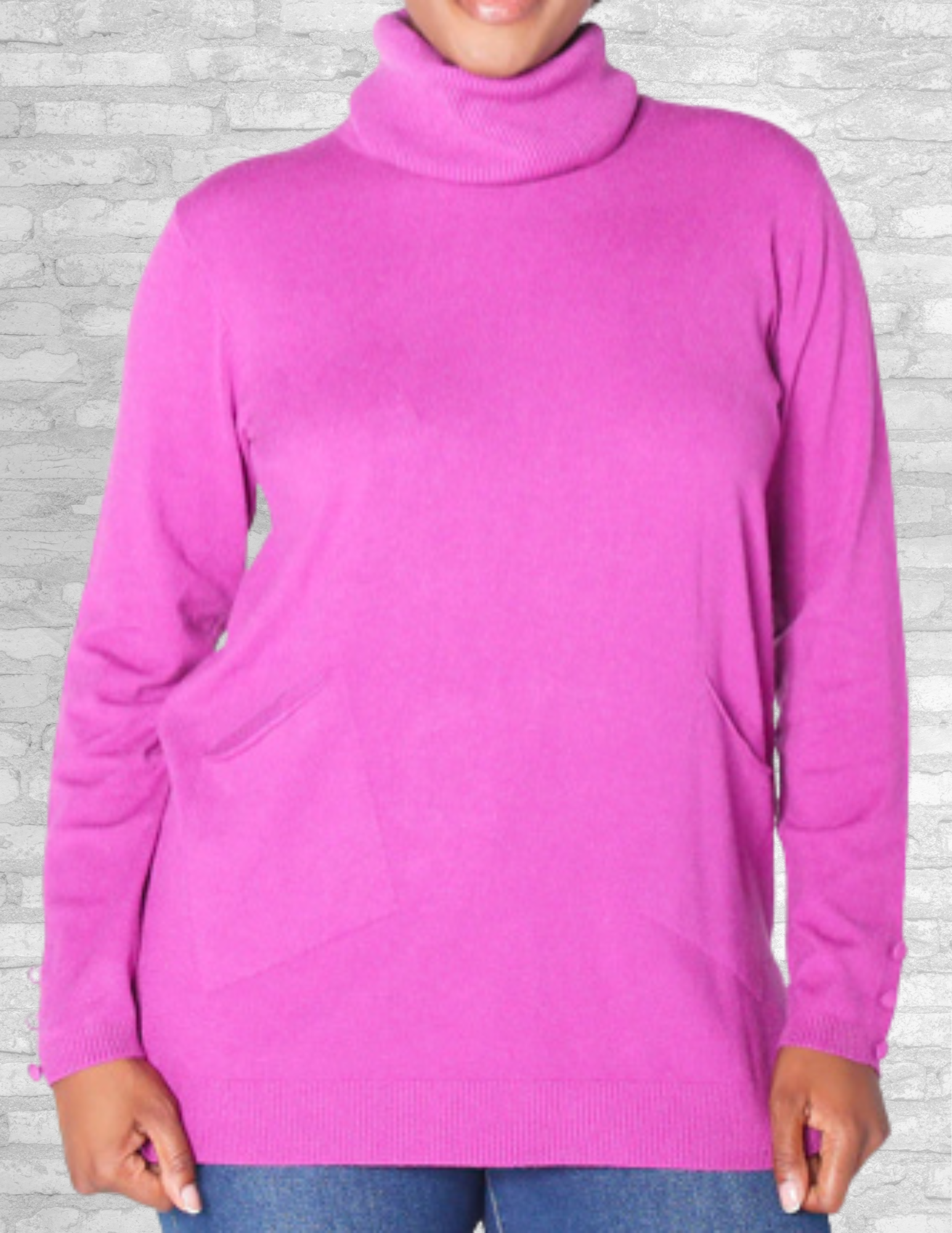 Jaboli Boutique - Fergus Ontario -Cotton Country Kylee Tunic. A cozy finely knit tunic in vibrant Grape Punch, featuring a cowl collar with a rolled crew neckline, long sleeves with covered button details, practical front pockets, and a flattering tunic length perfect for layering or pairing with leggings. Stylish and comfortable with a polished finish