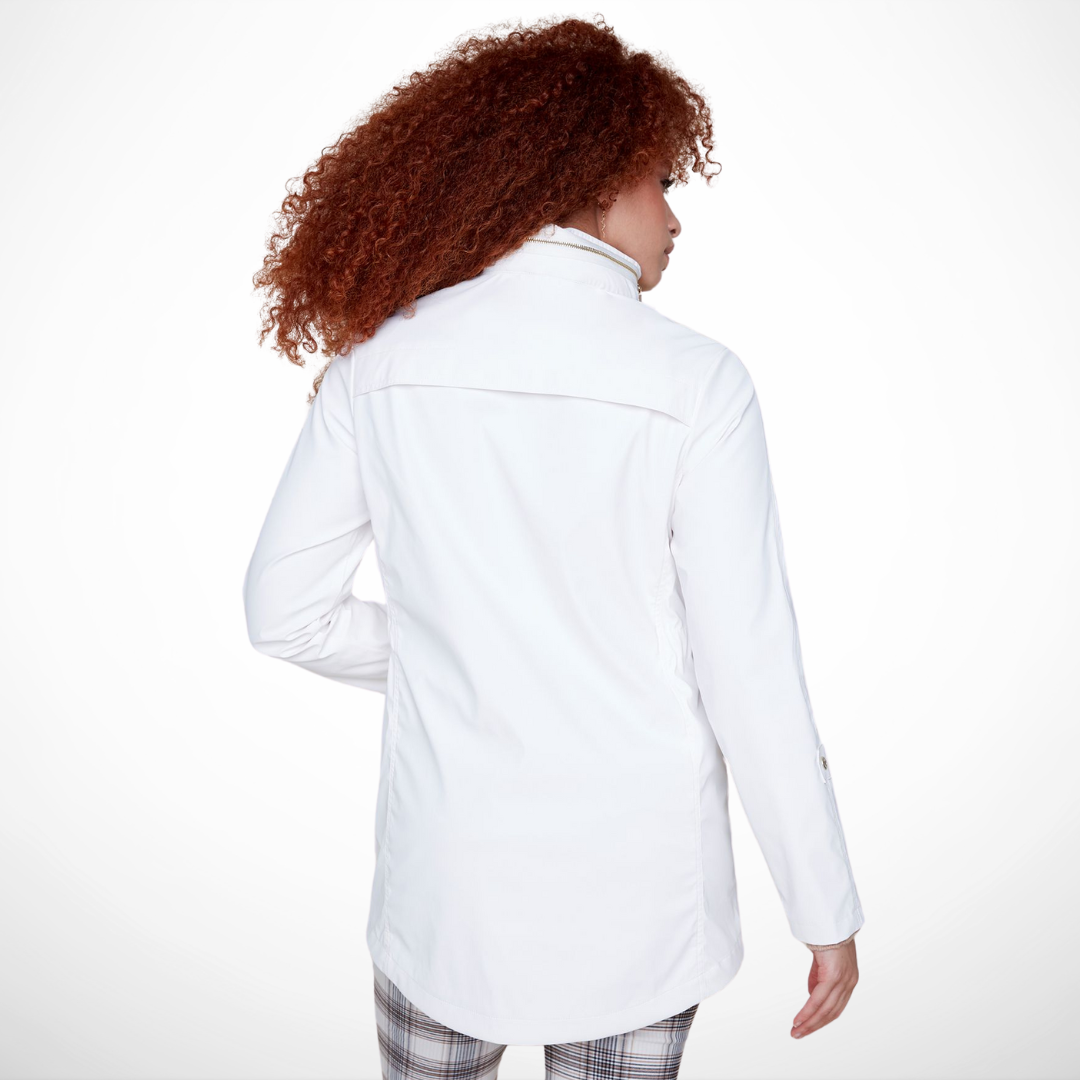 Jaboli Boutique - Fergus Ontario - Renuar - All Weather Coat - Colour Creme (white)
. Fashionable and functional waterproof raincoat
Ideal for walking the dog or running errands
Cinched waist detail for a flattering silhouette
Hidden hood in the collar for weather readiness
Available in crème, berry, and black
Long sleeves and convenient pockets
32-inch center back length
Made from a durable 50% PU and 50% polyester blend
Must-have addition to your outerwear collection
