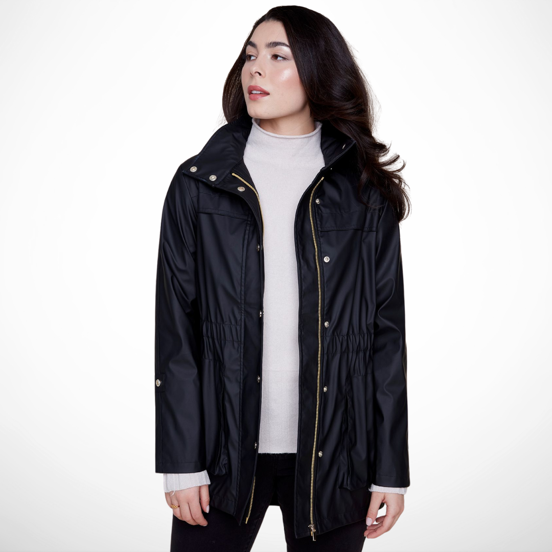 Jaboli Boutique - Fergus Ontario - Renuar - All Weather Coat - Colour Black
. Fashionable and functional waterproof raincoat
Ideal for walking the dog or running errands
Cinched waist detail for a flattering silhouette
Hidden hood in the collar for weather readiness
Available in crème, berry, and black
Long sleeves and convenient pockets
32-inch center back length
Made from a durable 50% PU and 50% polyester blend
Must-have addition to your outerwear collection
