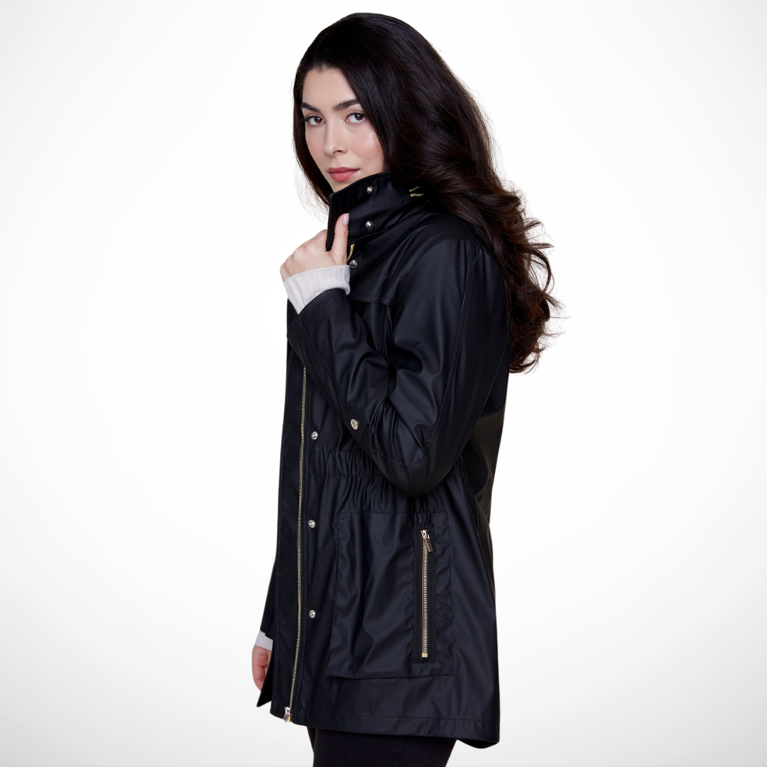 Jaboli Boutique - Fergus Ontario - Renuar - All Weather Coat - Colour Black
. Fashionable and functional waterproof raincoat
Ideal for walking the dog or running errands
Cinched waist detail for a flattering silhouette
Hidden hood in the collar for weather readiness
Available in crème, berry, and black
Long sleeves and convenient pockets
32-inch center back length
Made from a durable 50% PU and 50% polyester blend
Must-have addition to your outerwear collection
