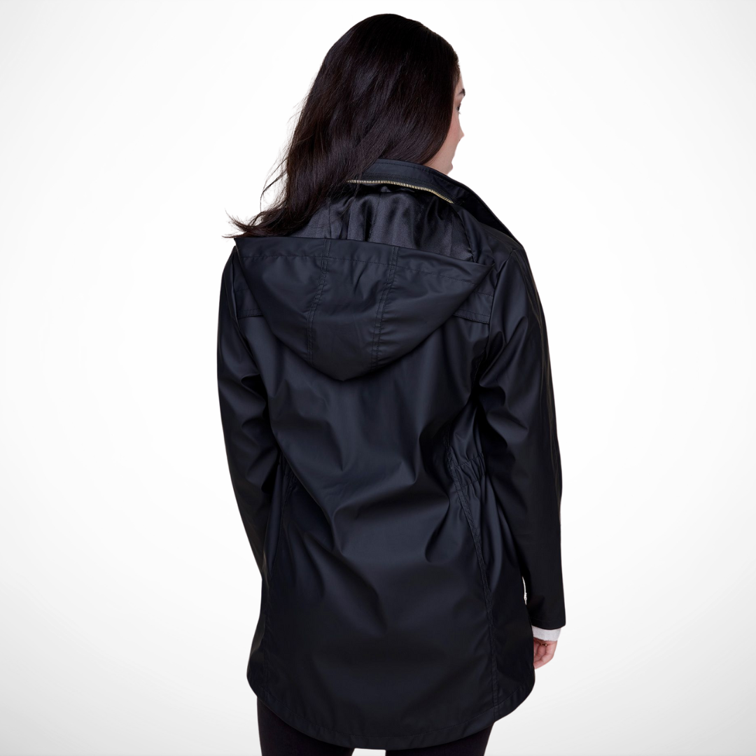 Jaboli Boutique - Fergus Ontario - Renuar - All Weather Coat - Colour Black
. Fashionable and functional waterproof raincoat
Ideal for walking the dog or running errands
Cinched waist detail for a flattering silhouette
Hidden hood in the collar for weather readiness
Available in crème, berry, and black
Long sleeves and convenient pockets
32-inch center back length
Made from a durable 50% PU and 50% polyester blend
Must-have addition to your outerwear collection
