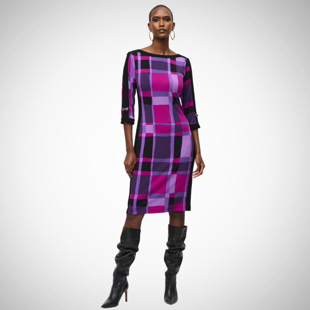 Joseph Ribkoff Geometric Dress Shades of purple, pink, and black Cocktail length, midi pencil skirt Slimming black side panels Elegant grommet details Comfortable blend: 95% polyester, 5% spandex Back zipper for easy wear Perfect for stylish transformations